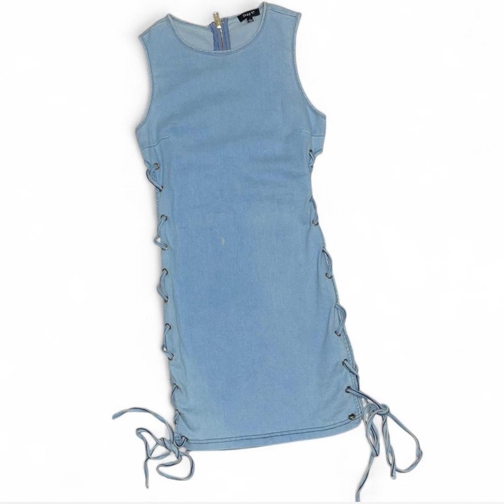 Light Blue Denim Lace-Up Bodycon Dress